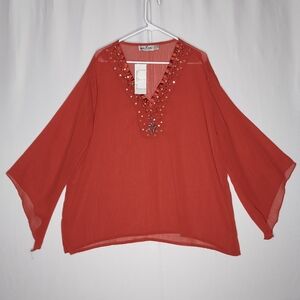Erica Brook Top 22 Women Gauzy Orange Vneck Sequin Semisheer Flared Sleeve Tunic